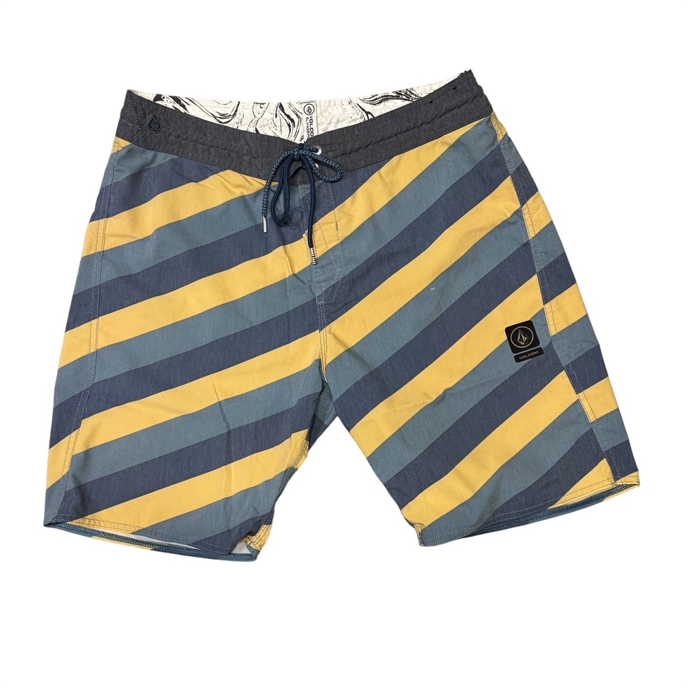 Volcom Slingers Board Shorts Mens 33 Blue Yellow Striped Swim Trunks Surfwear